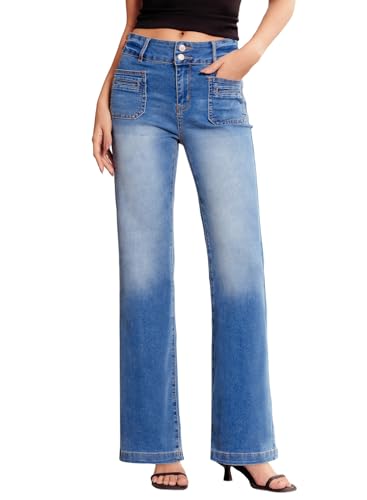 Sidefeel Women's High Waisted Tummy Control Jeans Trendy Wide Leg Stretchy Straight Leg Denim Pants Light Blue Size 10