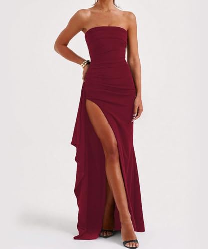 Image of SKAYS Women's Strapless Maxi Dress Elegant Tube Top Formal Ruched Bodycon Wedding Guest Cocktail Summer Dress with Slit