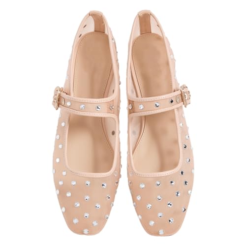 olomisa Rhinestones Ballet Flats for Women, Sparkly Mary Jane Flats Ballerina Square Toe Buckle Strap Shoes3