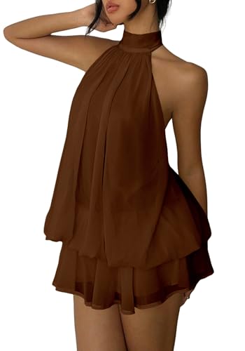 Fhykiss Women's Chiffon Halter Drop Waist Mini Dress Wedding Guest Dresses Ruffle Formal Holiday Club Brunch Outfits Brown L