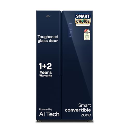 Godrej 600L 3Star | 1+2 Year Additional Warranty | Smart Convertible Zones | Toughened Glass Door | Frost Free Inverter Side By Side Refrigerator (2025 Model, RS EONVELVET 646C RIT SM BL, Storm Blue)