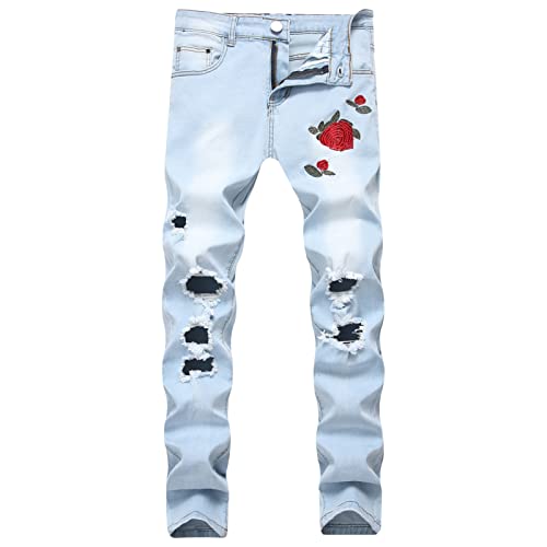 Men's Stretch Embroidered Jeans Floral Ripped Skinny Distressed Jeans Destroyed Slim Rose Fashion Jeans Pants (Light Blue,40)