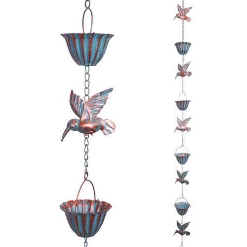 JIADEXIN Rain Chains for Gutters, 8.8 Ft Rain Chains with 8 Cups & 9 Hummingbird Decor, Rain Barrels to Collect Rainwater from Gutter, Gutter Downspout Extensions