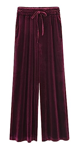 ebossy Women's Casual Elastic Waist Relaxed Fit Wide-Leg Pleated Palazzo Slacks Velvet Pants