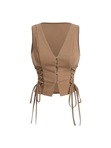 GORGLITTER Women's Sleeveless Western Cowgirl Rodeo Outfit Lace Up Vests