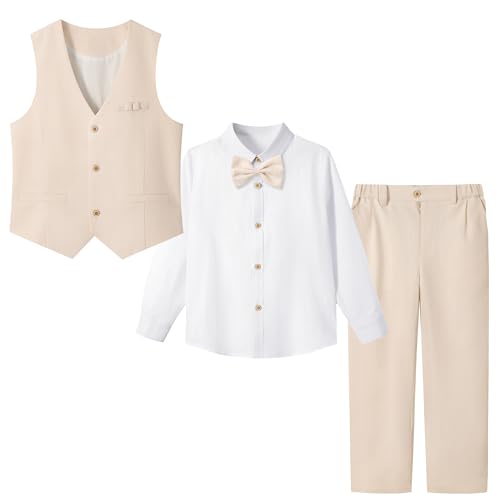LOLANTA 4STK Pagen Jungen Anzug Leinen Weste Hose Hochzeitsanzug, Kinderweste Set, Taufe Zeremonie Prom Geburtstag Partykleidung, Beige, 10-11 Jahre, 150