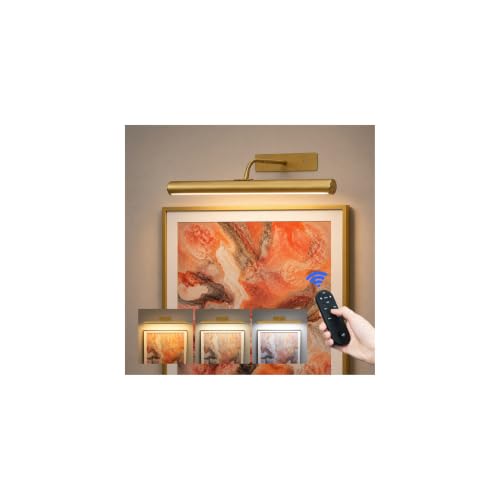 EZVALO 16" Picture Light for Wall, 6000mAh Rechargeable Wireless Picture Light with Remote, Dimmable Battery Operated Painting Light with 3 Color Temps for Wall Art, Living Room, Hallway - Gold