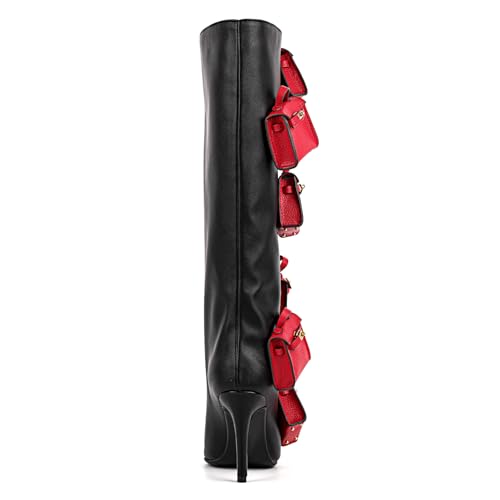 onlymaker Women's Knee-High Fashion Boots Pointed-Toe Stiletto Heel Red Mini Bag Embellished4