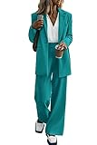 PRETTYGARDEN Womens Fall 2 Piece Outfits Suit Sets Blazer Jacket and Wide Leg Pants with Pockets Business Casual (Blue Green,X-Large)