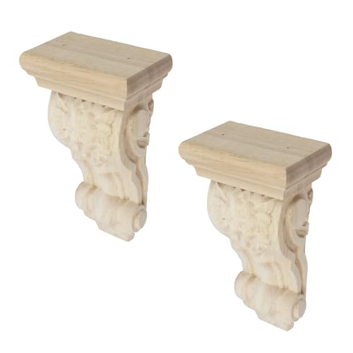 Woogim 2PCS Wooden Carved Corbels 3.9"*2.36"*7.09" Floral Rubber Wood Corbel Bracket,Suitable for Shelves Mantel Doorway Window Eaves
