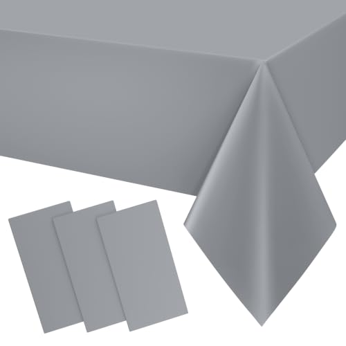 Image of Smiry Disposable Table Cloth 3 Pack, 54 x 108 Inch Waterproof Plastic Tablecloth, Decorative Rectangle Table Covers for Party, Birthday, Picnic, Grey