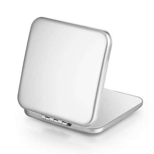 Dimeho Compact Mirror Travel Makeup Mirror Metal Pocket Cosmetic Mirrors Portable Handheld Beauty Mirror Folding Double-Sided Elegant Vanity Mirror for Men Women Purse(Silver-Square)