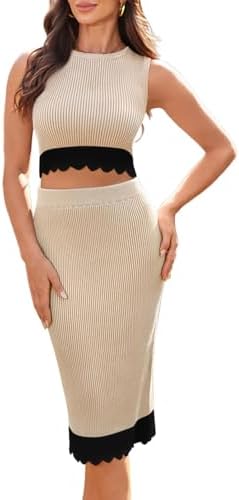 Pink Queen Spring Dress for Women 2025 Ribbed Knit Sleeveless 2 Piece Midi Skirt Set Apricot L