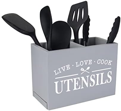 Karisky Kitchen Utensil Holder with Removable Bottom Large 2 Compartments Utensil Organizer Farmhouse Utensil Caddy for Countertop Decor, 24 x 12 x 17 cm, Black