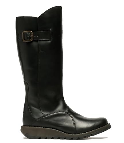 Fly Womens Black MOL 2 Leather Wedge Heel Knee High Zip Up Boots
