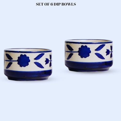 Image of Handpainted Floral Studio Pottery Ceramic Chutney Round Bowl /Pickle Bowl /Sauce Bowl /Dip Bowl /Small Katori Set (40 ML, Small, Set of 6, Blue and Blackand Off White)