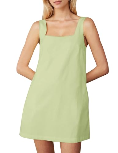 Image of Summer Linen Mini Dress for Women Sleeveless Square Neck Tank Shift Dresses Causal Backless Solid Short Sundress