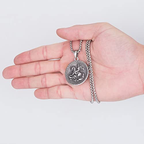 Stainless Steel St. George Dragon Slayer Pendant Necklace for Men Women Silver Religious Christian Catholic Medal Medallions Jewelry, 24 inch Chain3