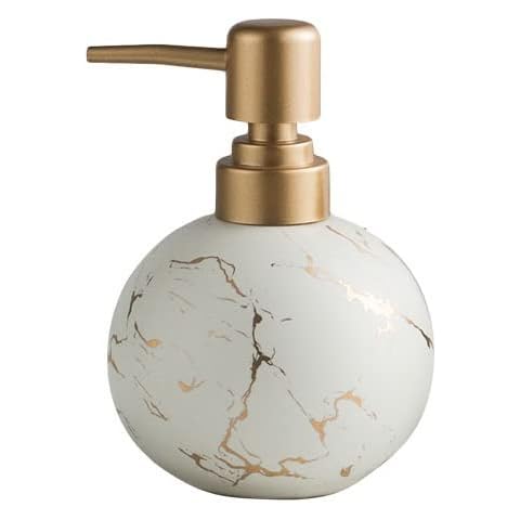 Gold Soap Dispenser for Bathroom or Kitchen, Cute Marble Round Ceramic Lotion Bottle, Rust-Free Pump(White) Cover
