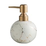 Gold Soap Dispenser for Bathroom or Kitchen, Cute Marble Round Ceramic Lotion Bottle, Rust-Free Pump