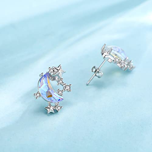 Bdl Moon And Star Earrings - Sterling Silver Crystal 5A Cubic Zirconia Stud Aurora Borealis Earrings Jewelry Birthday Gifts For Women Teen Girls #TOP2