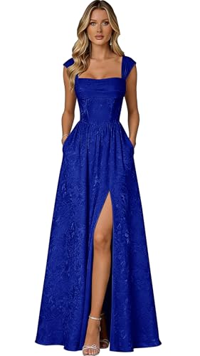 Lvloet Jacquard Royal Blue Prom Dresses for Teens 2026 A Line Floral Cap Sleeve Long Graduation Ball...