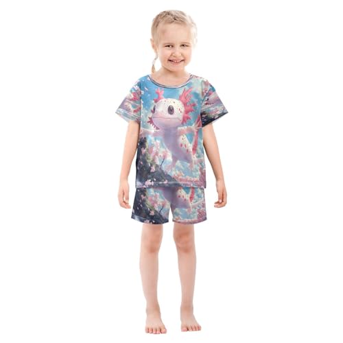 Pajama Sets Short Sleeve Cute Axolotl Pink Cherry Blossoms Soft Cotton Summer Sleepwear 2 Piece PJS Size 5-14T4