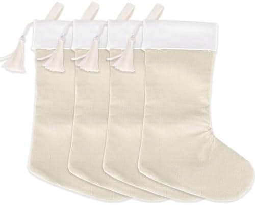 Andaz Press 17" Linen Large Christmas Stockings With Tassel, Blank Ivory Stocking For Diy Craft Projects Christmas Decorating Party, Modern Scandi Farmhouse Christmas Stockings Family Stockings 4-Pack