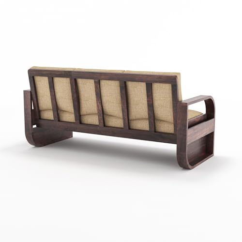 Image of Solid Sheesham Wood Wooden 3 Seater Curved Sofa Set with Brown Cushions - 3-Person Sofa (John, Walnut)