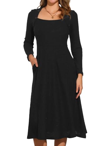 Allegra K Vestido Suéter de Punto para Mujer Cuello Cuadrado Vestidos Casual con Bolsillos Negro S