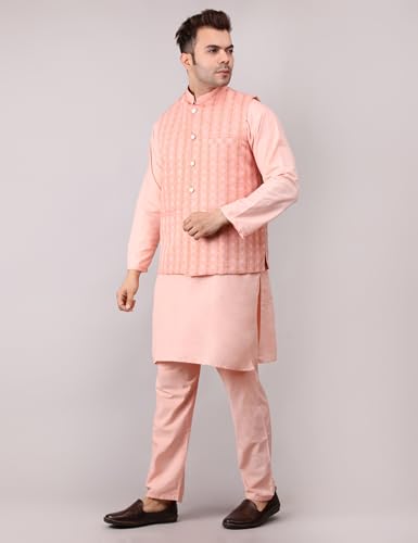 Image of Men's Cotton Silk Blend Regular Kurta Pyjama, Embroidered Nehru Jacket /Waistcoat Set