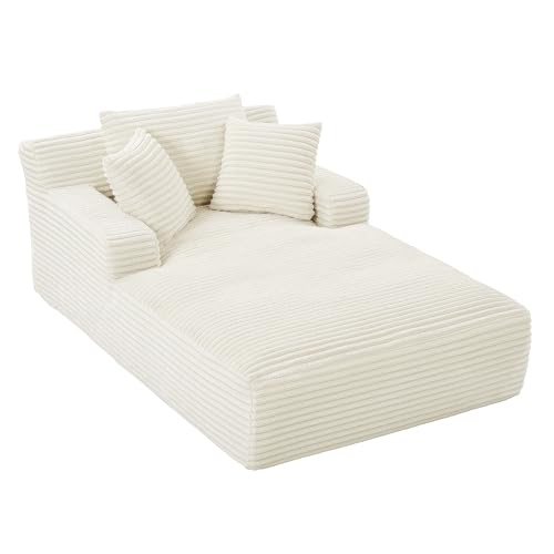 Image of 80 Inch Chaise Lounge Chair Indoor, Oversized Corduroy Upholstered Boneless Sofa Bed, Deep Seat Sleeper Couch Reading Chairs, Cloud Sofas Couches for Living Room, No Assembly Required (Beige)