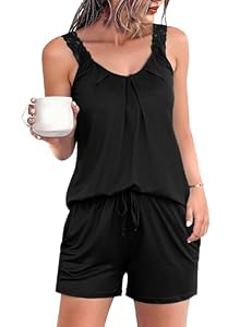Uniexcosm Schlafanzug Damen Kurz Zweiteiliger Sommer Ärmellos Spitzenträger Pyjama Shorty Baumwolle V-Ausschnitt Shirt und Schlafshort Sexy Sleepshirt für Frauen B:Schwarz L