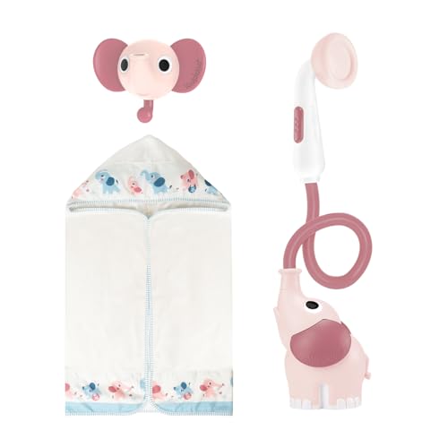 Image of Yookidoo Baby Bath Elephant Shower Head Gift Set - Includes Hooded Towel & Hanger - Control Water from 2 Elephant Trunk Knobs for Max Fun in Tub or Sink Newborns, Toddlers, Boys, Girls (Blush Pink)