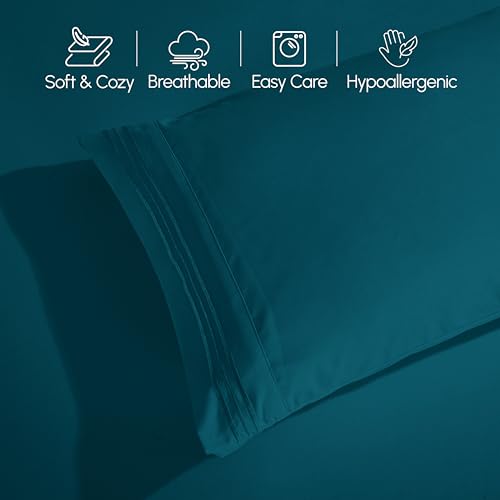 Image of Elegant Comfort Luxurious 1500 Premium Hotel Quality Microfiber Three Line Embroidered Softest 4-Piece Bed Sheet Set, Wrinkle and Fade Resistant, Full, Marine Teal