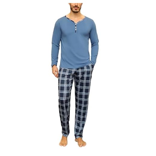 Irdcomps Pijama Hombre Invierno de Algodón Manga Larga Conjunto de Pijamas Hombre Pantalones Largos Ropa de Domir con Bolsillos Tallas Grandes A-Lago Azul L