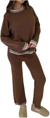 PureLayne Women’s Knitted Co-Ord Set Oversized 2 Piece Lounge Set – Long Sleeve Winter Warm Pullover Jumper & Trousers Tracksuit, Casual Solid Colour Knitwear Outfit (Brown, One Size (8-16))