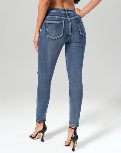 Image of roswear Women's Essentials Ripped Mid Rise Destroyed Skinny Jeans