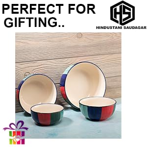 Image of HS Hindustani SAUDAGR Saffron Indigo Delight Multi Size Ceramic Bowls 1000 ML, 750 ML, 500 ML and 350 ML, Set of 4 Microwave Safe Bowls katori Ideal for Snacks Rice dal Desserts and Gifting.