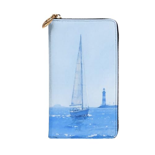 Sailing Boat Lighthouse Leather Hand Wallet for Women Long Zipper Clutch Purse for Cash Cards Coin2