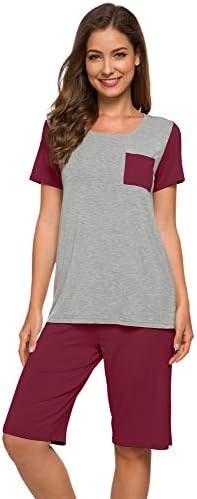 WiWi Bamboo Pajamas Set for Women Short Sleeve Top with Shorts Pajama Sets Summer Plus Size Pjs Soft Loungewear S-4X, Wine, Small