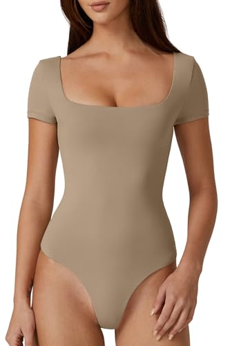 QINSEN Womens Basic Bodysuit Square Neck Short Sleeve Cute
