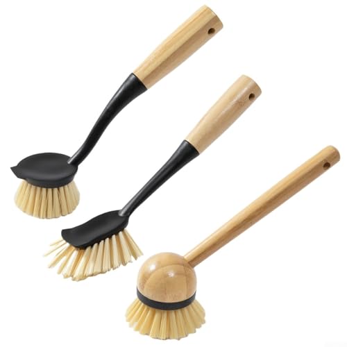 Pumixiy 3 cepillos de madera para ollas con mango largo, herramienta de limpieza de cocina resistente para cuencos y ollas, rascador integrado, construcción de madera sostenible (negro)
