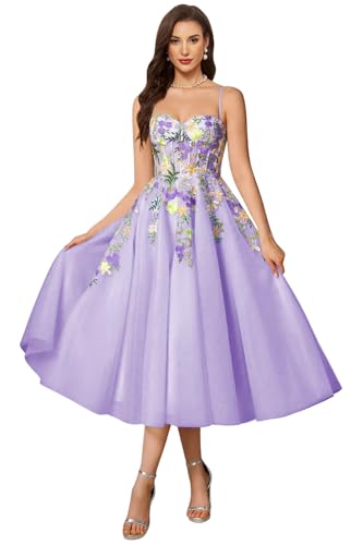 Flower Embroidery Tulle Prom Dress for Women Tea Length Spaghetti Straps Formal Evening Party Gown Lavender US 2