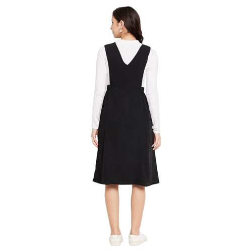 Image of WineRed Women Black Soild Pinafore Dress with Button
