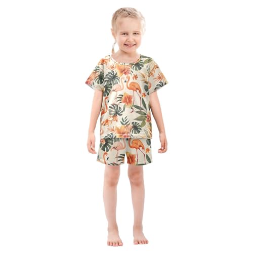 ALAZA Palm Leaf Flamingo Flower Pajamas Short Sleeve 2 Piece Sleepwear Top and Bottom Pajama Set Unisex3