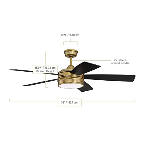 Craftmade Brx52Sb5 Braxton Dual Mount 52" Ceiling Fan With Led Light And Remote Control, 5 Blades, Satin Brass #TOP2