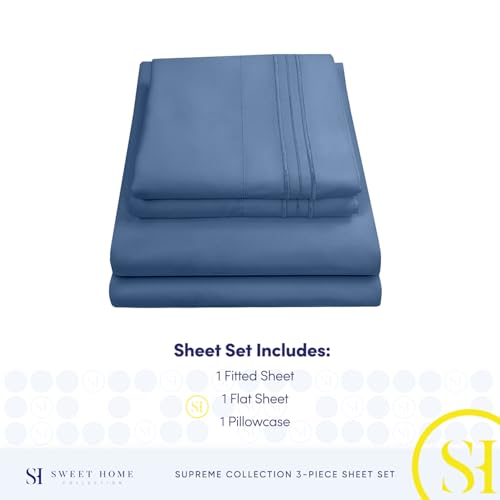Image of Twin Sheets - Breathable Luxury Sheets with Full Elastic & Secure Corner Straps Built In - 1800 Supreme Collection Extra Soft Deep Pocket Bedding Set, Sheet Set, Twin, Denim