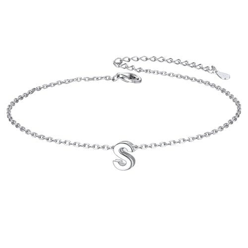 ChicSilver 925 Sterling Silver Initial Ankle Bracelets for Women, Simple Dainty Letter Initial Anklets Beach Foot Chain Alphabet Jewelry