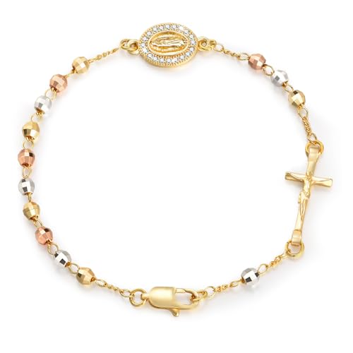 Catholic Crucifix Gifts Rosary Bracelet for Women-14K Gold Virgin Mary Jesus Cross Charm Link Chain, Dainty Virgen de Guadalupe Religious Gift for Confirmation Baptism First Communion Easter
